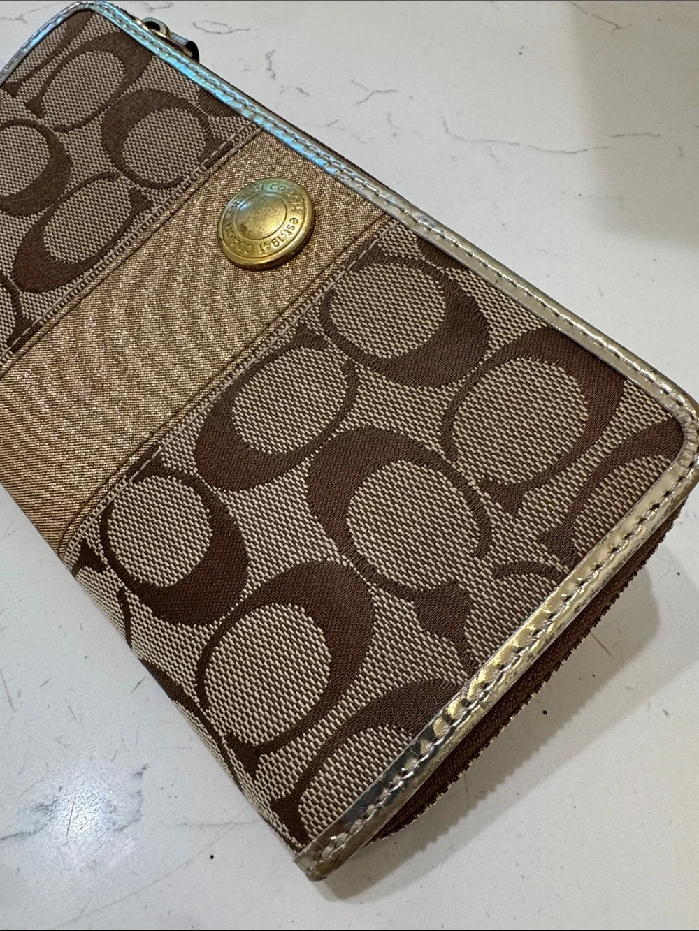 Coach Brown Monogram Wallet with Metallic Gold Trim